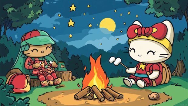 Hello Kitty camping under the stars, roasting marshmallows by the campfire with her friends, 4K wallpaper.