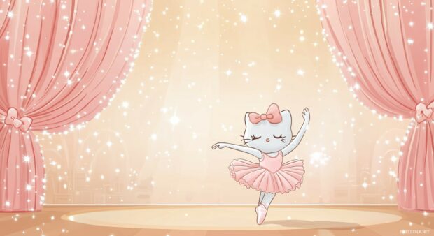 Hello Kitty dressed as a ballerina, dancing on a stage with soft pink curtains and sparkles floating around.