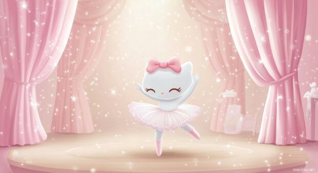 Hello Kitty dressed as a ballerina, dancing on a stage with soft pink curtains and sparkles floating around.