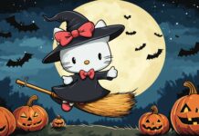 Hello Kitty dressed as a cute witch, flying on a broomstick against a full moon, with pumpkins and bats in the background.