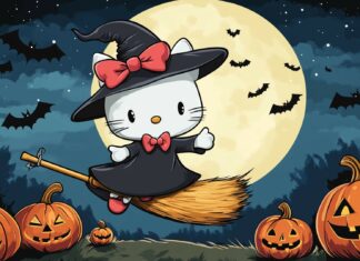 Hello Kitty dressed as a cute witch, flying on a broomstick against a full moon, with pumpkins and bats in the background.