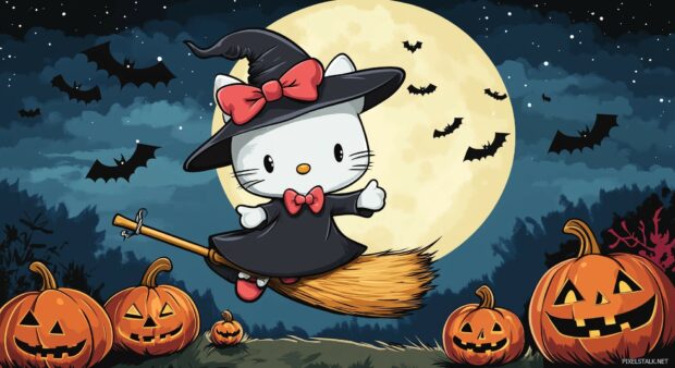 Hello Kitty dressed as a cute witch, flying on a broomstick against a full moon, with pumpkins and bats in the background.