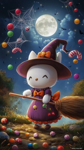 Hello Kitty dressed as a friendly witch with a broomstick, surrounded by floating candy, cobwebs, and a full moon in the night sky, iPhone background for Halloween.