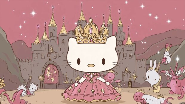 Hello Kitty dressed as a princess in a magical castle, 4K wallpaper for desktop.