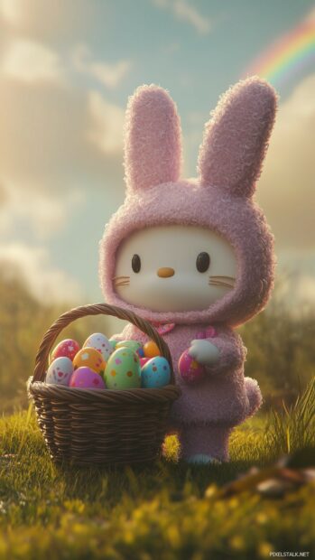 Hello Kitty dressed in a bunny costume, holding a basket of colorful Easter eggs, phone wallpaper for android.