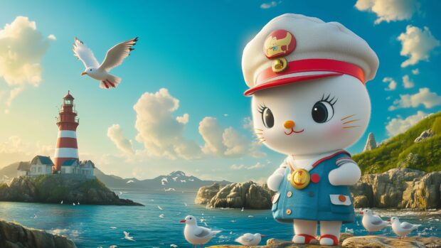 Hello Kitty dressed in a cute sailor outfit, standing by the seaside with a lighthouse and seagulls in the 3D background.