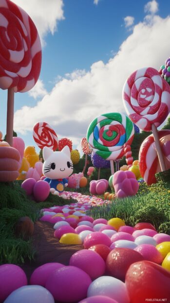 Hello Kitty exploring a 3D animated candy land with giant lollipops, gumdrops.