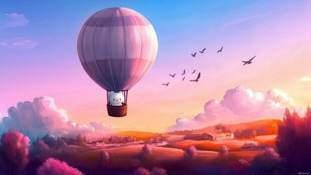 Hello Kitty flying a hot air balloon over a pastel colored landscape, with fluffy clouds and birds flying alongside.