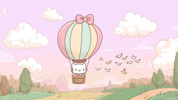 Hello Kitty flying a hot air balloon over a pastel colored landscape, with fluffy clouds and birds flying alongside.