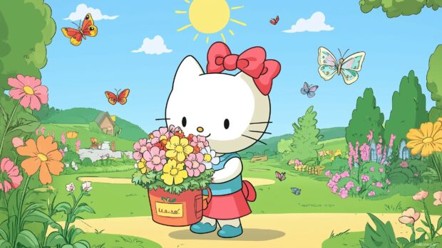 Hello Kitty holding a bouquet of flowers, with a sunny garden scene.