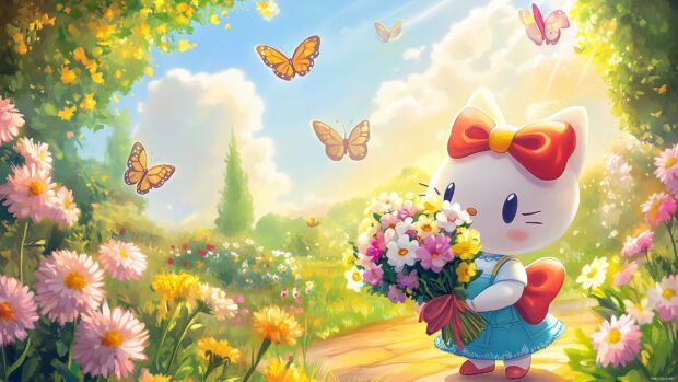 Hello Kitty holding a bouquet of flowers, with a sunny garden scene and butterflies fluttering around her.