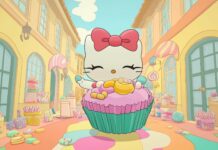 Hello Kitty holding a giant cupcake, with candy and sweets scattered around in a whimsical.