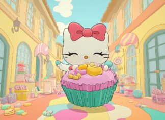 Hello Kitty holding a giant cupcake, with candy and sweets scattered around in a whimsical.