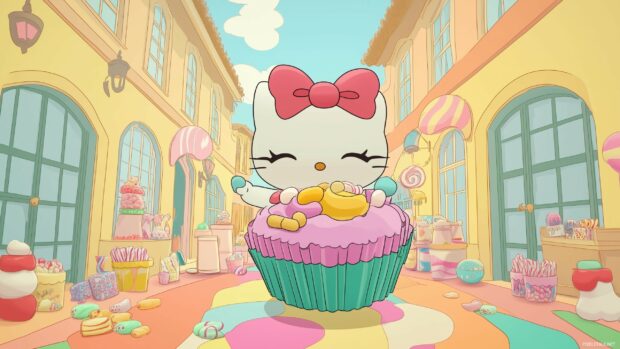 Hello Kitty holding a giant cupcake, with candy and sweets scattered around in a whimsical.