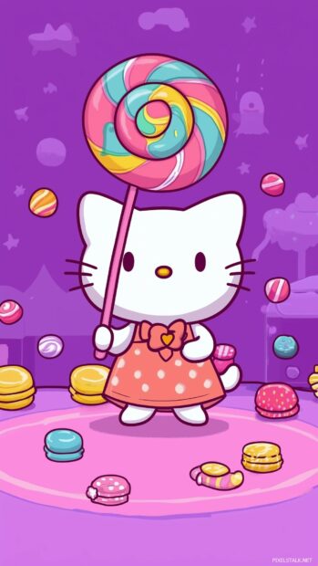 Hello Kitty holding a giant lollipop, with candy and sweets scattered around her.