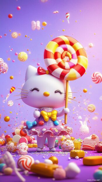 Hello Kitty holding a giant lollipop, with candy and sweets scattered around her, set against a pastel purple background.