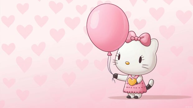 Hello Kitty holding a pink balloon, standing in front of a pastel pink background.