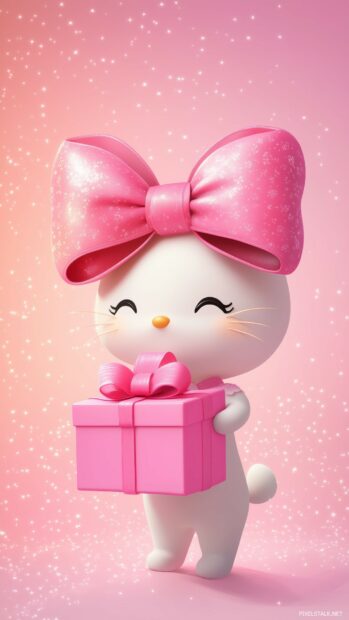 Hello Kitty holding a pink gift box with a large bow, standing against a pastel pink background with sparkles.