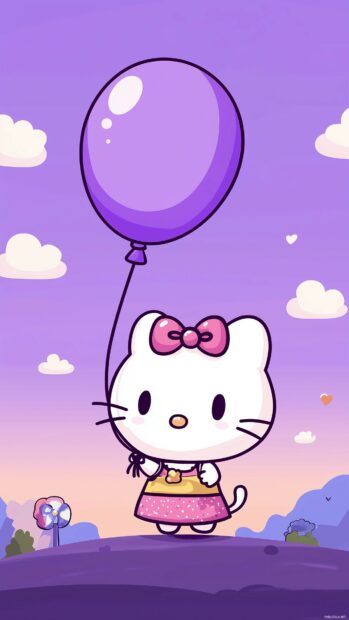 Hello Kitty holding a purple balloon, with a backdrop of a simple purple sky and a few white clouds.