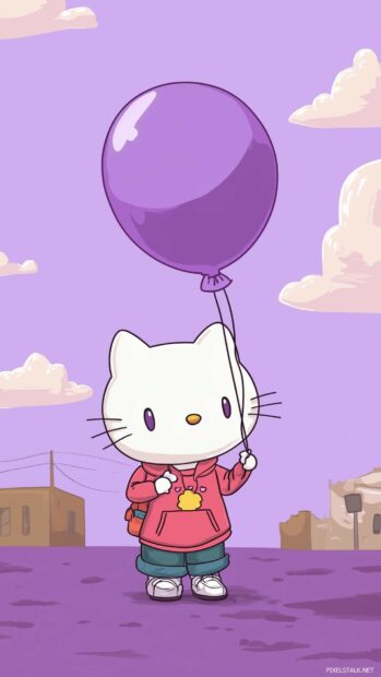 Hello Kitty holding a purple balloon, with a backdrop of a simple purple sky and a few white clouds, mobile wallpaper.