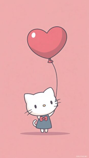 Hello Kitty holding a single heart balloon against a soft pastel pink background, Kawaii Cat.