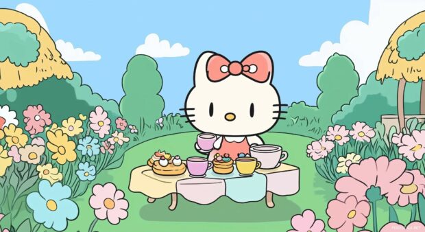 Hello Kitty hosting a tea party in a flower filled garden.