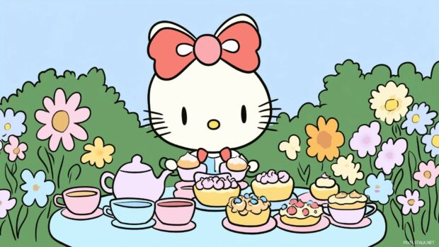 Hello Kitty hosting a tea party in a flower filled garden, with cute teacups and pastries on a pastel colored table.