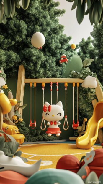 Hello Kitty in a 3D animated playground with swings, slides, and playground equipment.