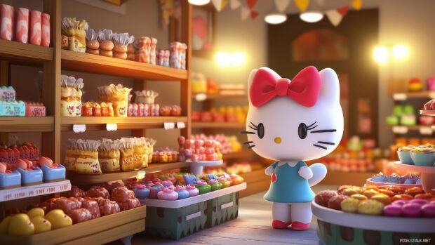 Hello Kitty in a 3D modeled candy shop.