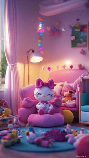 Hello Kitty in a 3D rendered cozy room with cute furniture and plush toys, bathed in soft.