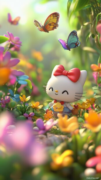 Hello Kitty in a 3D rendered garden with vibrant flowers and butterflies.