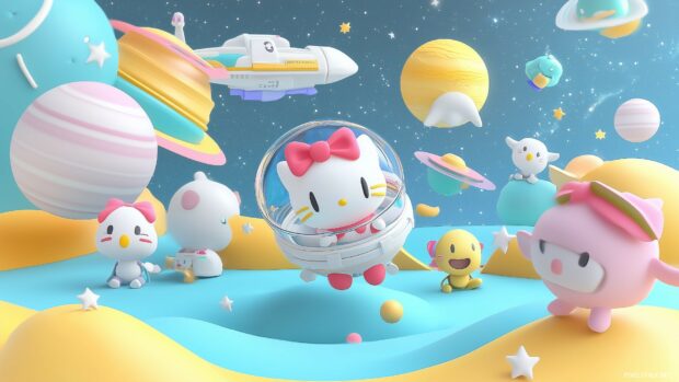 Hello Kitty in a 3D rendered space adventure, floating among planets, stars.