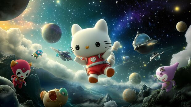 Hello Kitty in a 3D rendered space adventure, floating among planets, stars, and cute alien characters.