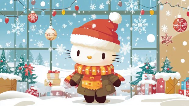 Hello Kitty in a cozy winter scene, wearing a scarf and hat, surrounded by snowflakes and holiday decorations, 4K Cute wallpaper.