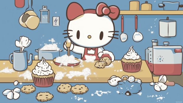 Hello Kitty in a cute kitchen, baking cookies and cupcakes with flour and sugar scattered around.