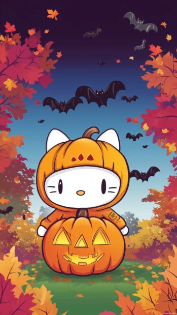 Hello Kitty in a cute pumpkin costume, surrounded by colorful autumn leaves and playful bats flying around.