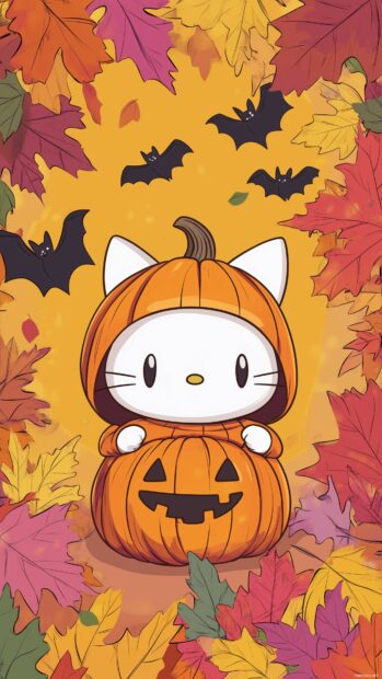 Hello Kitty in a cute pumpkin costume, surrounded by colorful autumn leaves and playful bats flying around, 4K desktop wallpaper.