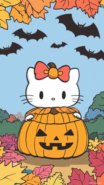 Hello Kitty in a cute pumpkin costume, surrounded by colorful autumn leaves and playful bats flying around, Halloween iPhone wallpaper.