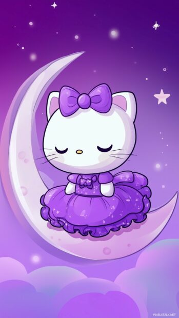 Hello Kitty in a cute purple dress, sitting on a purple moon with a soft gradient background of pastel purples.