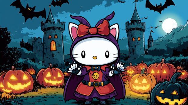 Hello Kitty in a cute vampire costume, with a background of spooky castle towers, bats, and a glowing pumpkin patch.