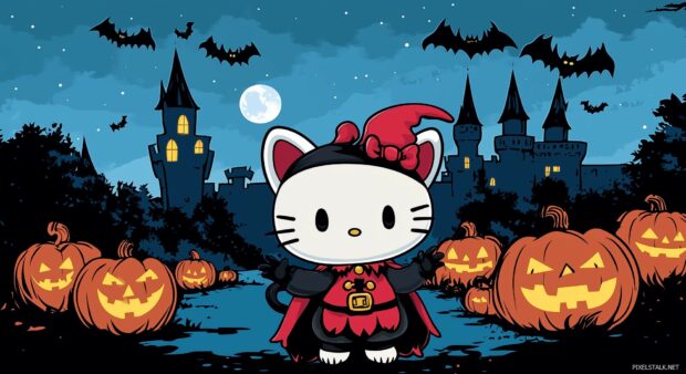 Hello Kitty in a cute vampire costume, with a background of spooky castle towers, bats, and a glowing pumpkin patch.