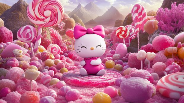 Hello Kitty in a pink candy world, surrounded by lollipops, candy canes.