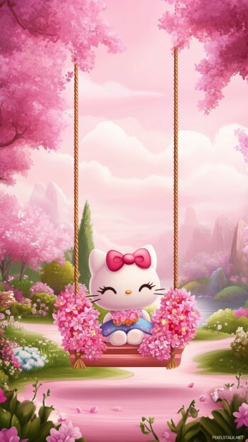 Hello Kitty in a pink garden, sitting on a swing decorated with pink flowers, with a serene pink sky in the background.