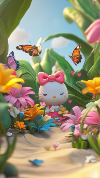 Hello Kitty in a rendered garden with vibrant flowers and butterflies, set against a soft pastel background in 3D.