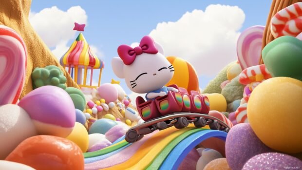 Hello Kitty on a rainbow rollercoaster.