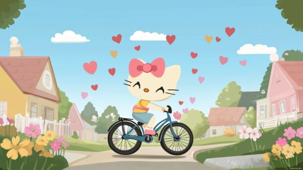 Hello Kitty riding a bicycle through a cute, pastel colored neighborhood, 4K wallpaper.