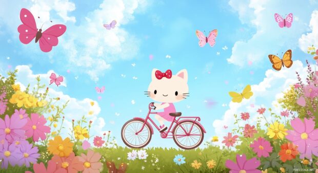 Hello Kitty riding a cute bicycle through a flower filled meadow, with butterflies fluttering around.