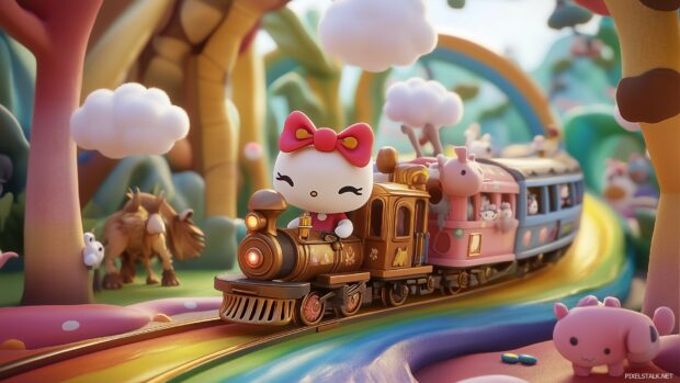 Hello Kitty riding a cute train through a rainbow colored wonderland.