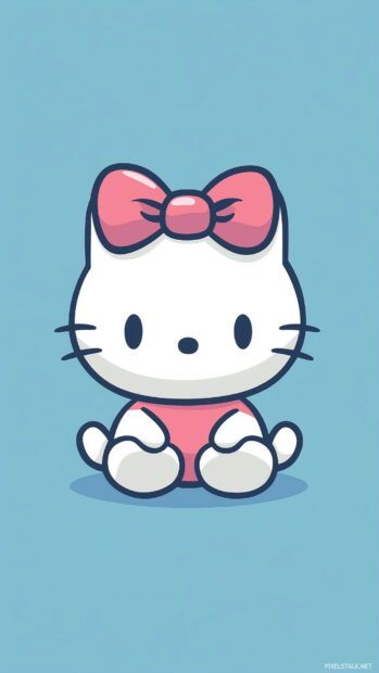 Hello Kitty sitting down with a small smile, centered on a light blue background with no other details, Kawaii wallpaper.