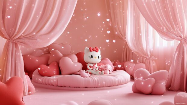 Hello Kitty sitting in a pink room filled with heart shaped cushions and soft pink curtains.